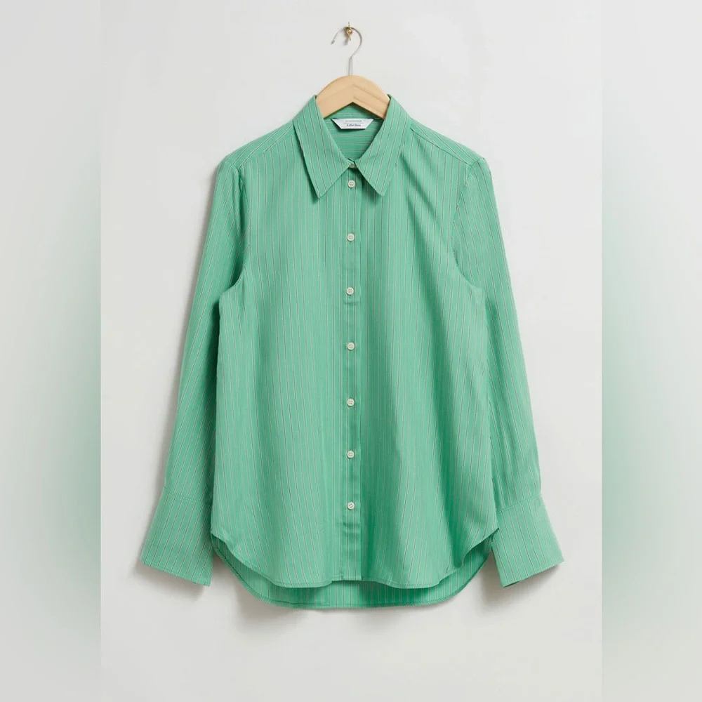 & OTHER STORIES Regular-Fit Long Sleeve Button Down Shirt Green Striped Size S